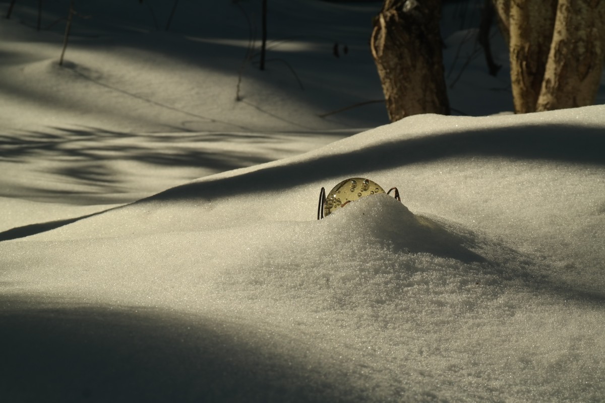snow with shadows and partly covered lawn ornament.
